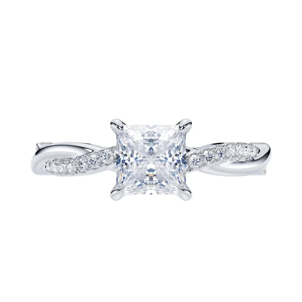 NEW Genuine Moissanite Princess Cut Twisted Band Engagement Ring Silver Size 7